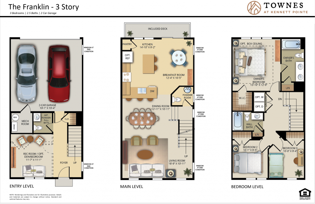 franklin 3 story floorplan for new build townhome in kennett square pa