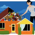 Woman decluttering, throwing away things from a house