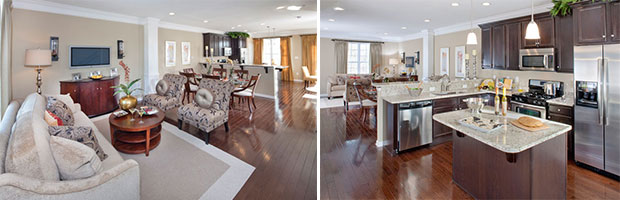 luxury townhomes and condos delaware - living room and kitchen